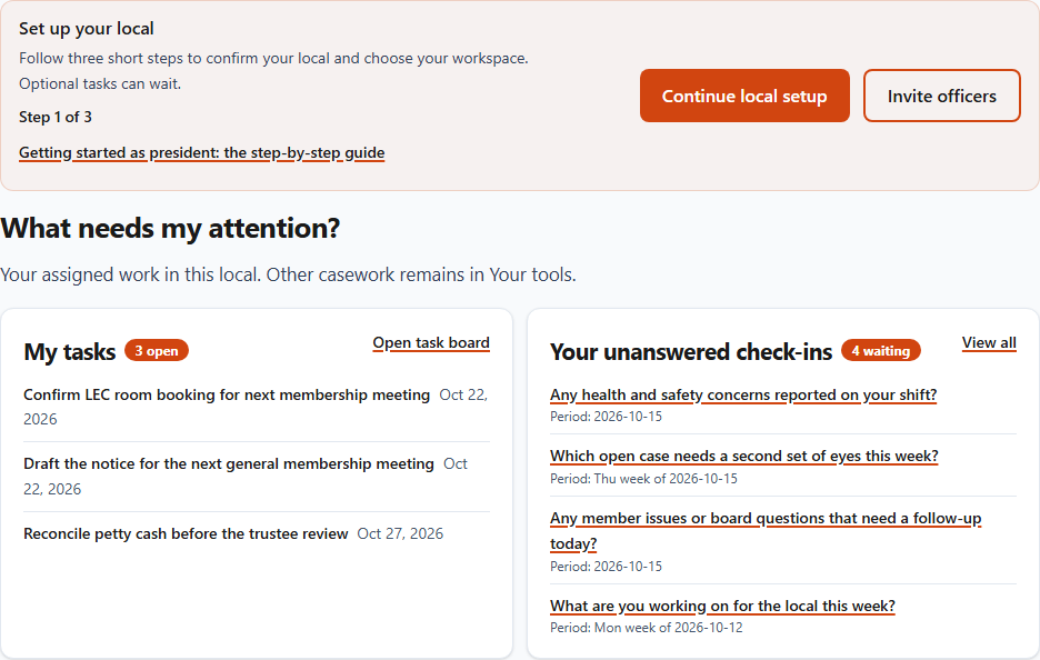 The What needs my attention? section, with My tasks and Your unanswered check-ins
