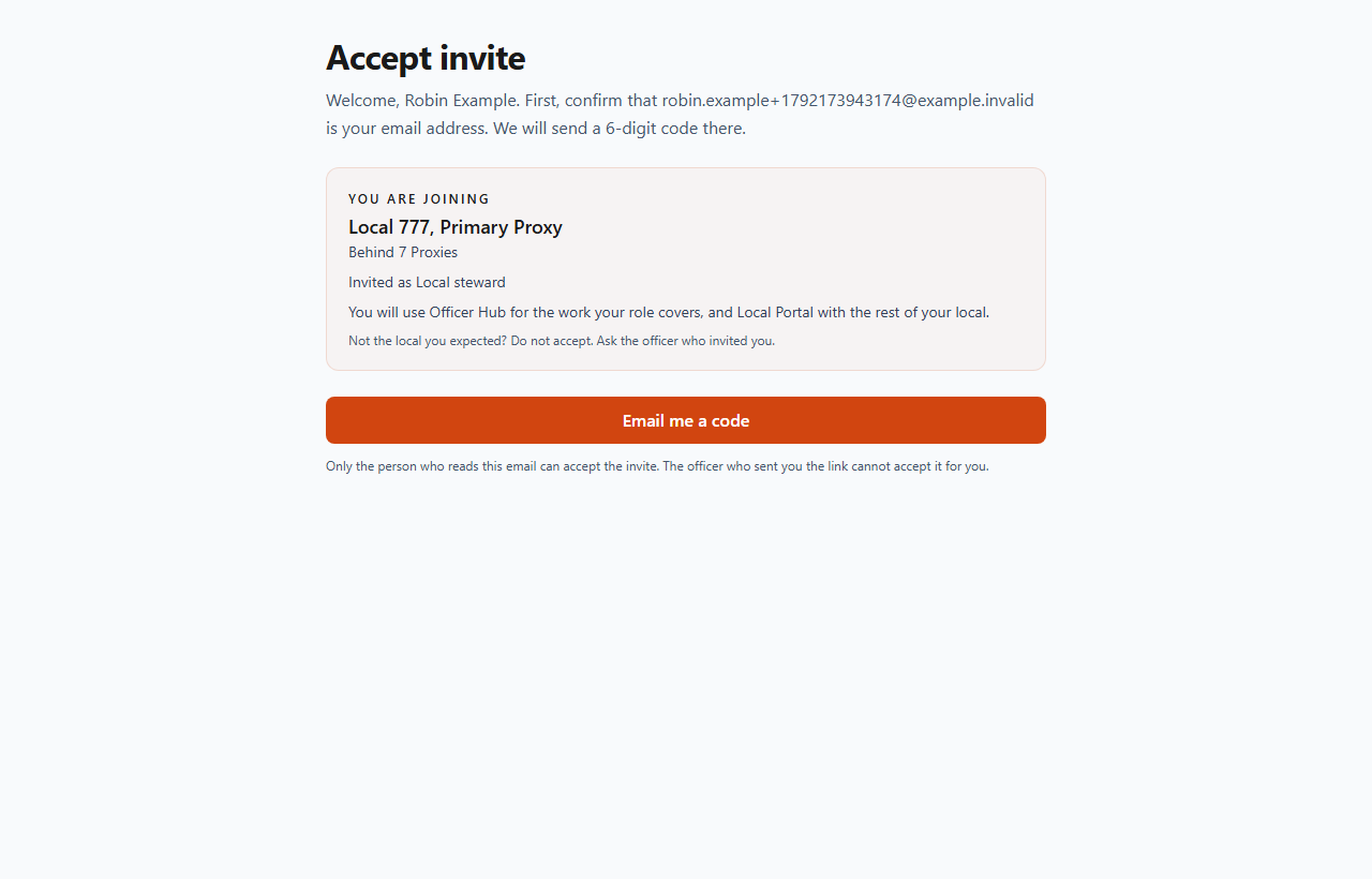 The Accept invite page, showing the local you are joining, the role you were invited as, and the Email me a code button