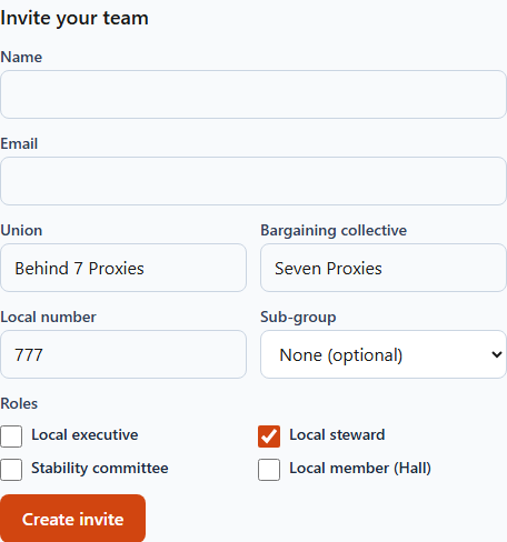 The Invite your team form, with name, email and role choices and the Create invite button