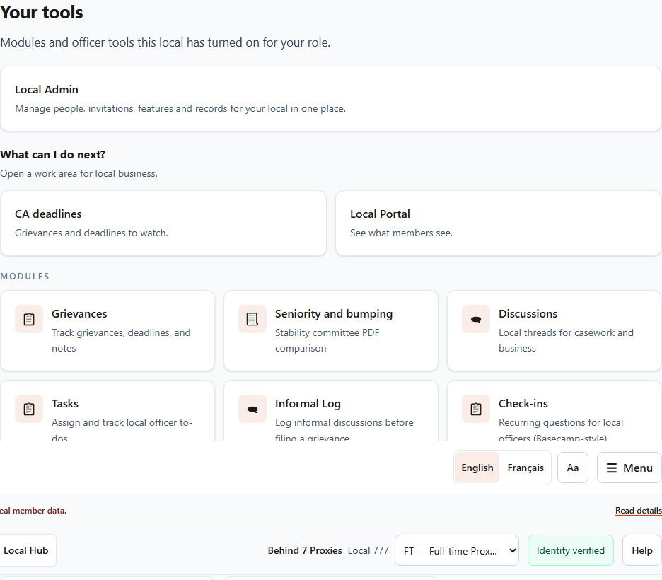Your tools, with tiles for the modules your local uses