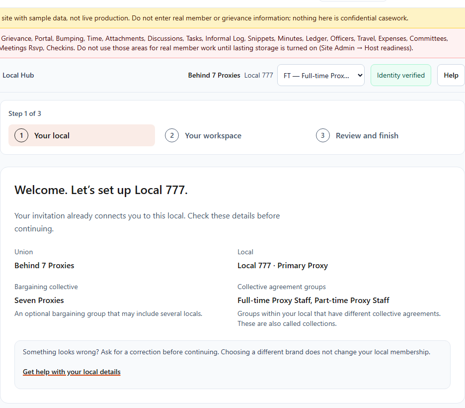Step 1 of local setup, showing the union, the local number and the collective agreement groups