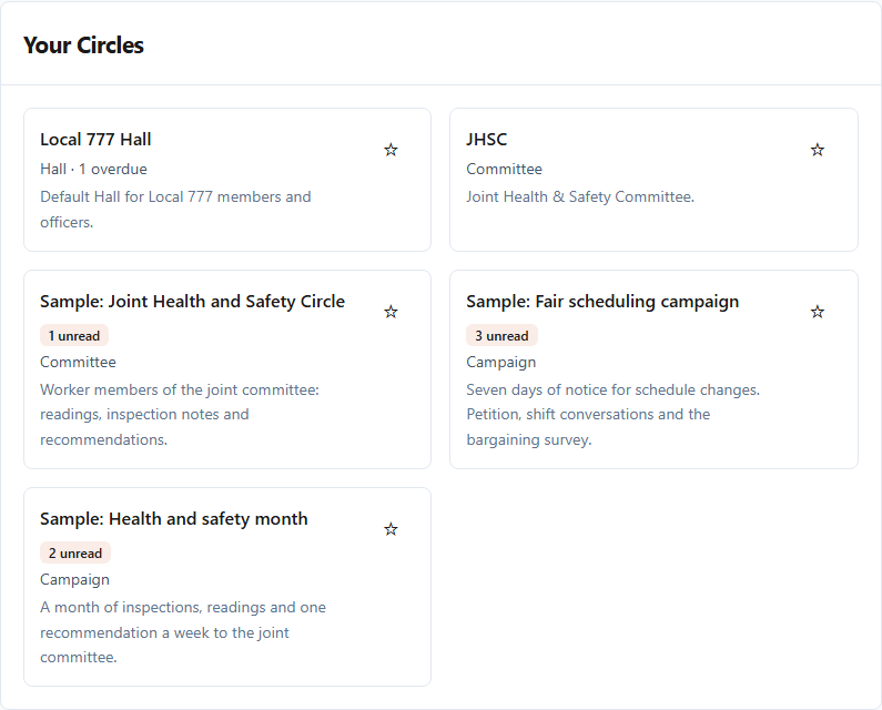 Your Circles, showing the Hall and a committee, each with a count of unread items