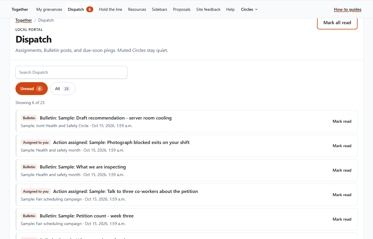 The Dispatch page, with an Unread filter and a Mark all read button