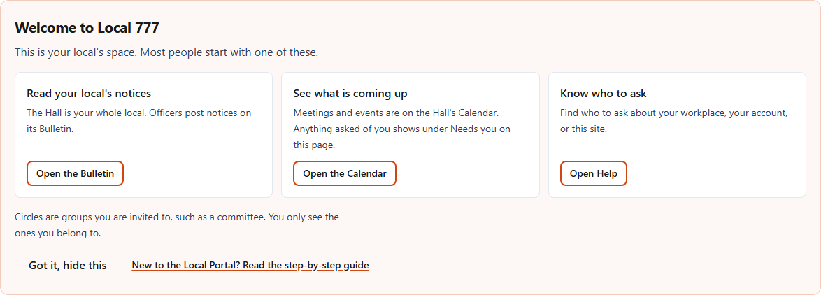 The welcome card on Together, with three cards: read your local's notices, see what is coming up, and know who to ask
