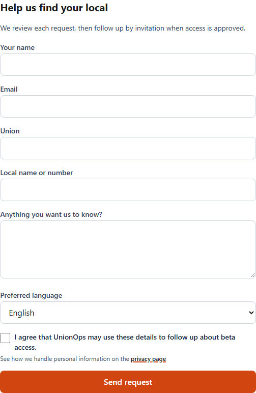 The Request member access form, with fields for name, email, union and local