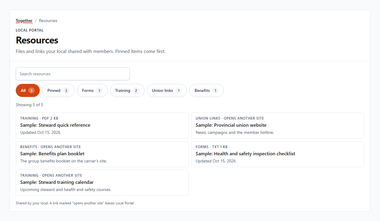 The Resources page, with a search box, filters and a list of shared files and links