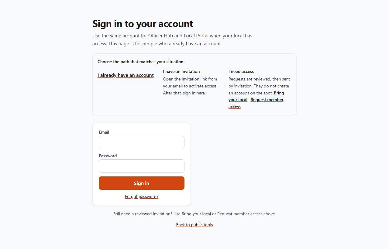 The sign-in page, with a choice of three paths above the email and password fields