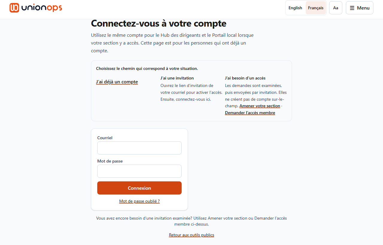 La page de connexion, avec trois choix de parcours au-dessus des champs du courriel et du mot de passe