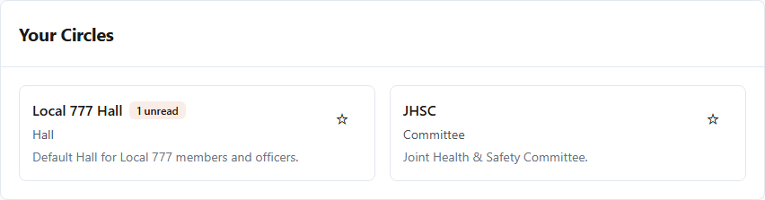 Local Portal Circle list showing the local Hall and a health and safety committee available to the demo member.