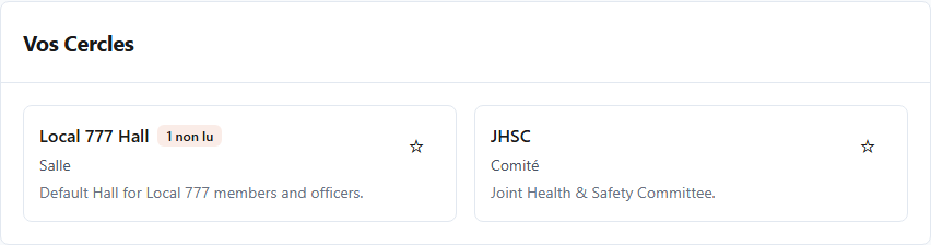 Liste des cercles du Portail local montrant la salle locale et un comité de santé et sécurité accessibles au membre de démonstration.